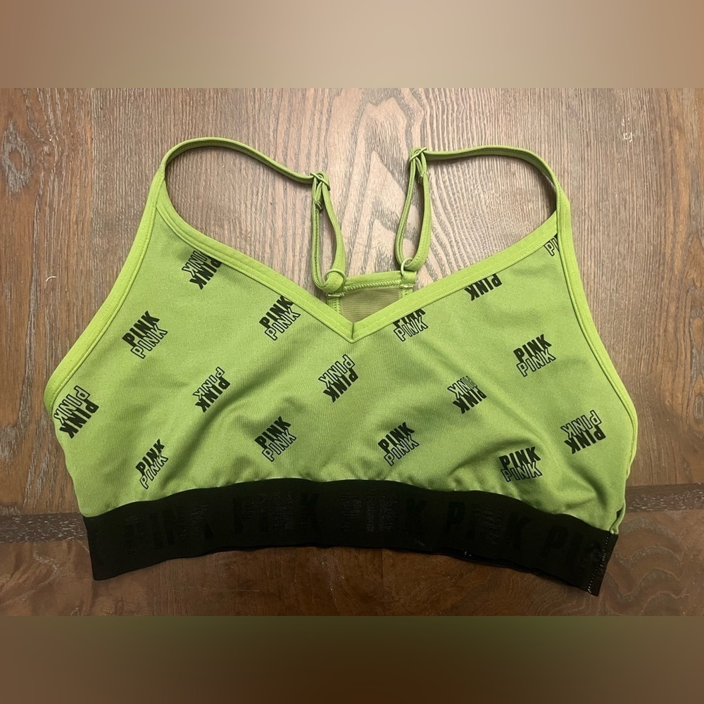 PINK Victoria's Secret Green Sports Bra with Logo Pattern